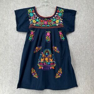 Handmade‎ Mexican Folk Embroidered Small Blue Dress